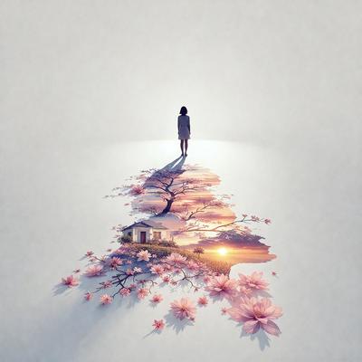 Primary subject: A woman walking on a path with flowers.

Setting/background: A white background with a path and flowers.

Visual style: Digital art.

Colors and mood: The image is in black and white, giving it a classic and timeless feel.